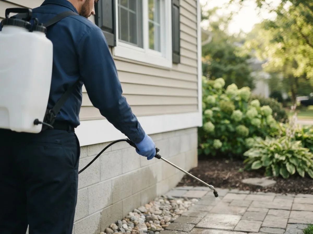 Pest control technician inspecting a home in Branchville, SC